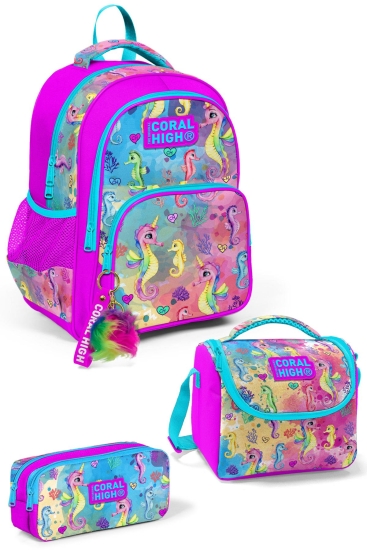 Coral High Kids Pembe Rengarenk Denizatı Desenli 3'lü Okul Çanta Seti SET0114412 