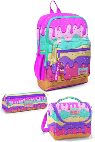 Coral High Kids Pembe Rengarenk Dondurma Desenli 3’lü Okul Çanta Seti SET0123731 - Coral High KIDS