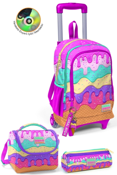 Coral High Kids Pembe Rengarenk Dondurma Desenli Çekçekli 3'lü Çanta Seti SET0123931 - 1