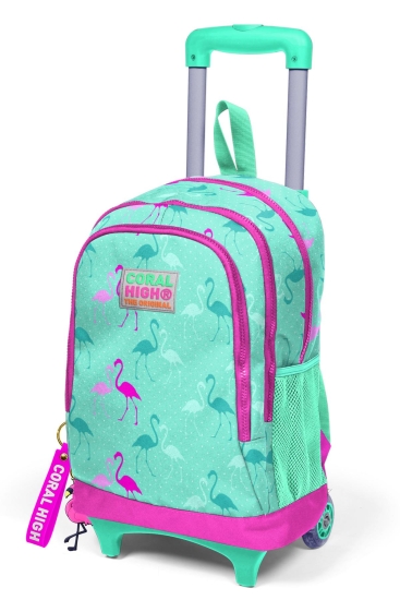 Coral High Kids Su Yeşili Neon Pembe Flamingo Desenli Üç Bölmeli Çekçekli Okul Sırt Çantası 23131 - 6