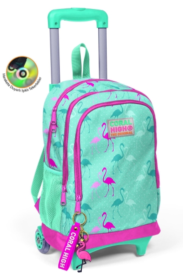 Coral High Kids Su Yeşili Neon Pembe Flamingo Desenli Üç Bölmeli Çekçekli Okul Sırt Çantası 23131 