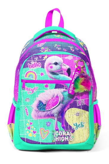 Coral High Kids Pembe Su Yeşili Flamingo Desenli Üç Bölmeli Okul Sırt Çantası 23647 - 9