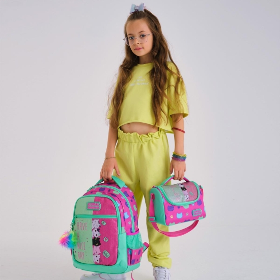 Coral High Kids Pembe Su Yeşili Kedi Desenli 3’lü Okul Çanta Seti SET0123490 - 2