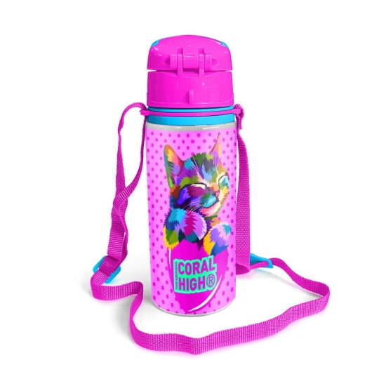 Coral High Kids Pembe Su Yeşili Kedi Desenli Pipetli Alüminyum Matara 600 ml 11951 - 3