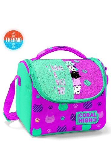 Coral High Kids Pembe Su Yeşili Kedi Desenli Thermo Beslenme Çantası 11854 