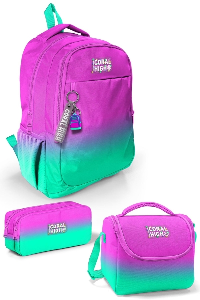 Coral High Kids Pembe Su Yeşili Renk Geçişli 3’lü Okul Çanta Seti SET0123664 - 1