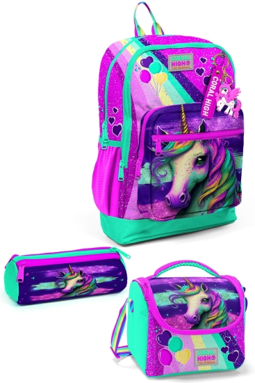 Coral High Kids Pembe Su Yeşili Unicorn Desenli 3’lü Okul Çanta Seti SET0123758 - 1