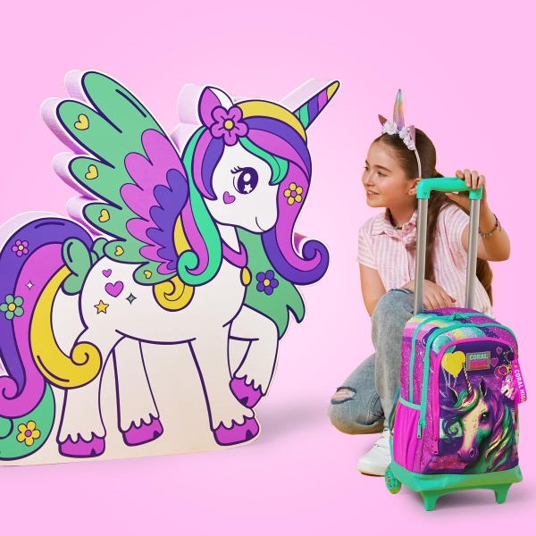 Coral High Kids Pembe Su Yeşili Unicorn Desenli Üç Bölmeli Çekçekli Okul Sırt Çantası 23958 - 4