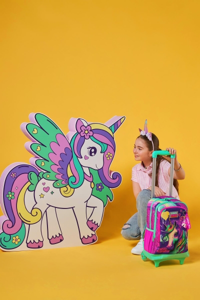 Coral High Kids Pembe Su Yeşili Unicorn Desenli Üç Bölmeli Çekçekli Okul Sırt Çantası 23958 - 8