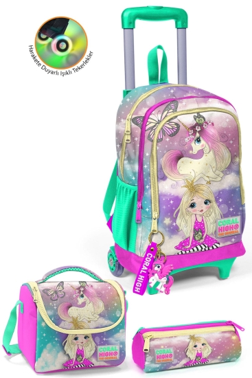 Coral High Kids Pembe Su Yeşili Unicornlu Kız Desenli 3'lü Çanta Seti SET0123933 - Coral High KIDS