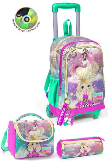 Coral High Kids Pembe Su Yeşili Unicornlu Kız Desenli 3'lü Çanta Seti SET0123933 