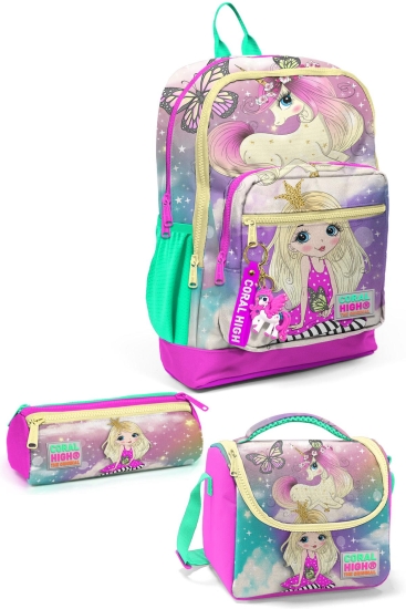 Coral High Kids Pembe Su Yeşili Unicornlu Kız Desenli 3’lü Okul Çanta Seti SET0123733 - Coral High