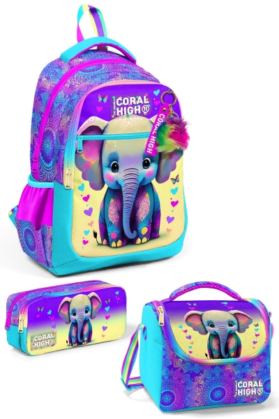 Coral High Kids Pembe Turkuaz Fil Desenli 3’lü Okul Çanta Seti SET0123650 - 1