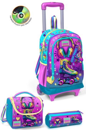 Coral High Kids Pembe Turkuaz Kulaklık Paten Desenli Çekçekli 3'lü Çanta Seti SET0123938 - Coral High