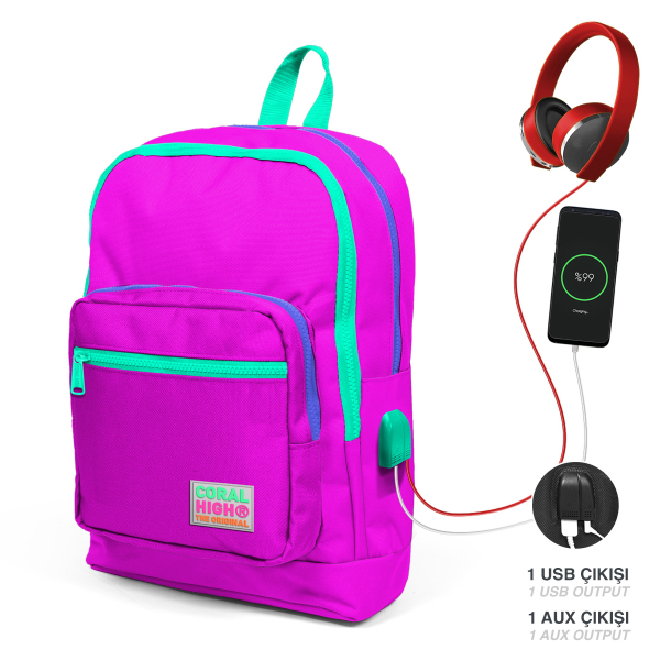 Coral High Kids Pembe Dört Bölmeli USB'li Okul Sırt Çantası 23804 - 1