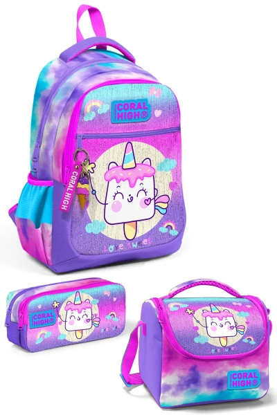 Coral High Kids Renkli Batik Unicorn Dondurma Desenli 3’lü Okul Çanta Seti SET0123480 - 1