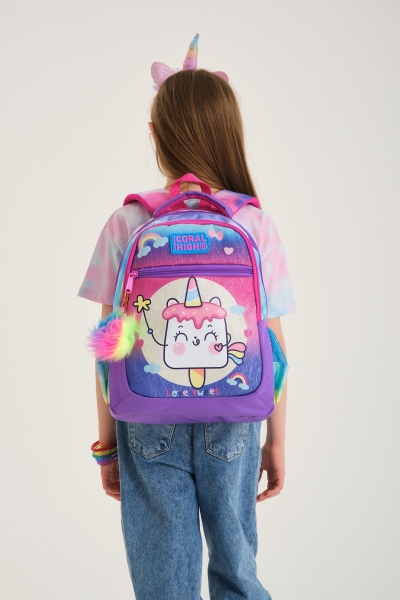 Coral High Kids Renkli Batik Unicorn Dondurma Desenli Üç Bölmeli Okul Sırt Çantası 23480 - 2