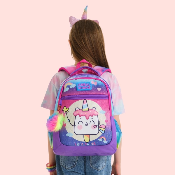 Coral High Kids Renkli Batik Unicorn Dondurma Desenli Üç Bölmeli Okul Sırt Çantası 23480 - 4