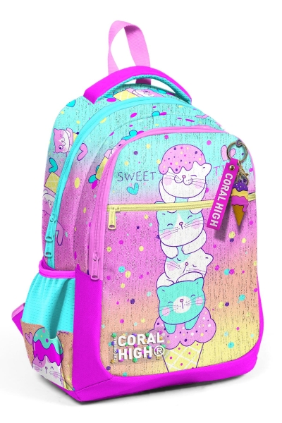 Coral High Kids Renkli Dondurmalı Kedi Desenli Üç Bölmeli Okul Sırt Çantası 23648 - 1