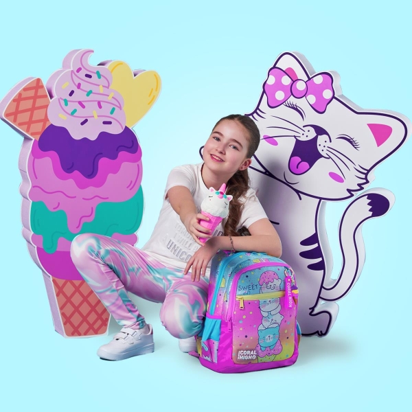 Coral High Kids Renkli Dondurmalı Kedi Desenli Üç Bölmeli Okul Sırt Çantası 23648 - 4