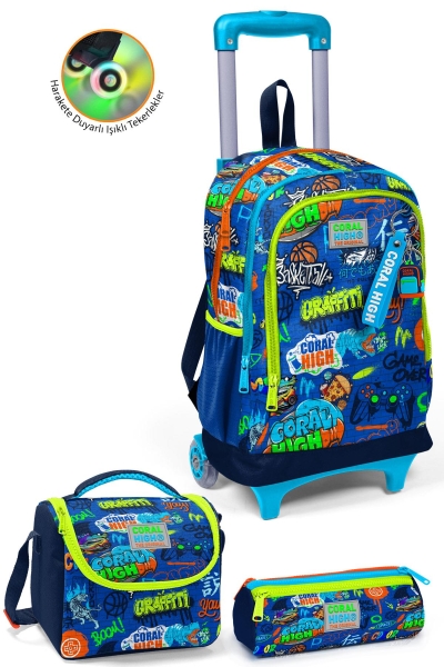 Coral High Kids Saks Grafiti Desenli Üç Bölmeli Çekçekli 3'lü Çanta Seti SET0123967 - 1