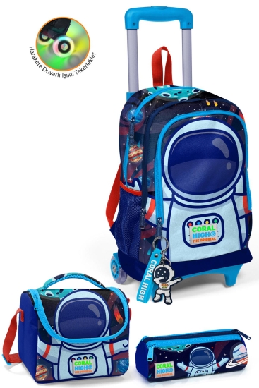 Coral High Kids Saks Mavi Astronot Desenli Çekçekli 3'lü Çanta Seti SET0123924 - Coral High KIDS