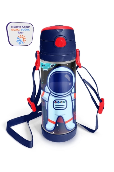 Coral High Kids Saks Mavi Astronot Desenli Pipetli Çelik Termos 500 ml 11925 - Coral High KIDS