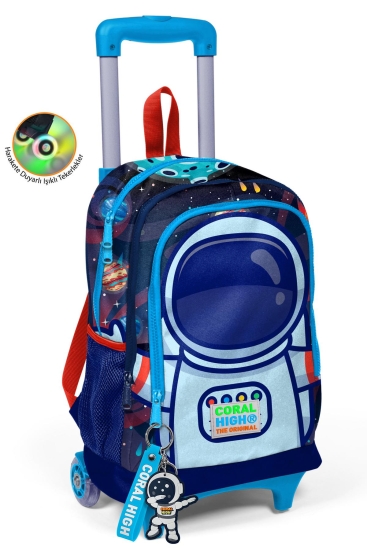 Coral High Kids Saks Mavi Astronot Desenli Üç Bölmeli Çekçekli Okul Sırt Çantası 23924 - Coral High KIDS