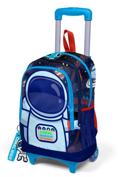 Coral High Kids Saks Mavi Astronot Desenli Üç Bölmeli Çekçekli Okul Sırt Çantası 23924 - 5