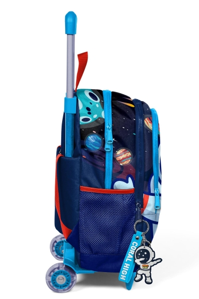 Coral High Kids Saks Mavi Astronot Desenli Üç Bölmeli Çekçekli Okul Sırt Çantası 23924 - 6