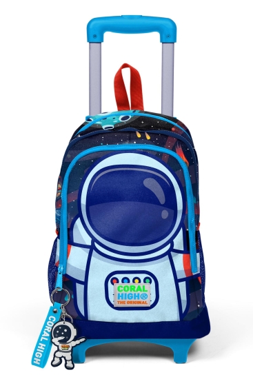 Coral High Kids Saks Mavi Astronot Desenli Üç Bölmeli Çekçekli Okul Sırt Çantası 23924 - 7