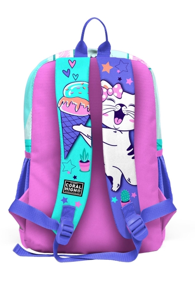 Coral High Kids Turkuaz Pembe Dondurmalı Kedi Desenli Okul Sırt Çantası 23751 - 3