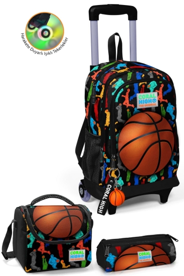 Coral High Kids Siyah Basketbol Desenli Çekçekli 3'lü Çanta Seti SET0123377 - Coral High KIDS