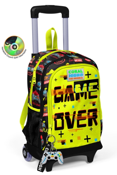 Coral High Kids Siyah Neon Sarı Game Over Desenli Üç Bölmeli Çekçekli Okul Sırt Çantası 23928 - 1