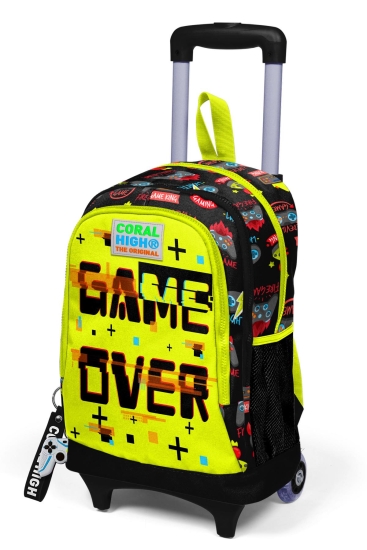 Coral High Kids Siyah Neon Sarı Game Over Desenli Üç Bölmeli Çekçekli Okul Sırt Çantası 23928 - 5