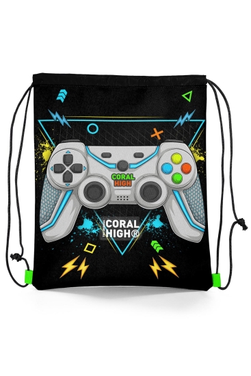 Coral High Kids Siyah Fosforlu Yeşil Gamer Desenli İpli Büzgülü Sırt Çantası 12655 - Coral High