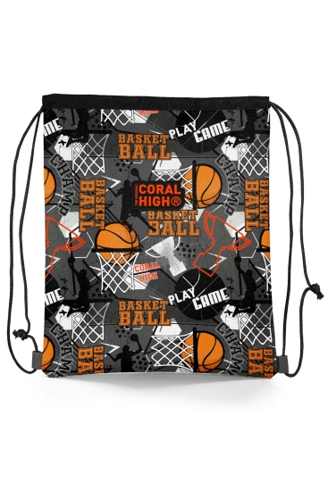 Coral High Kids Siyah Gri Basketbol Desenli İpli Büzgülü Sırt Çantası 22676 