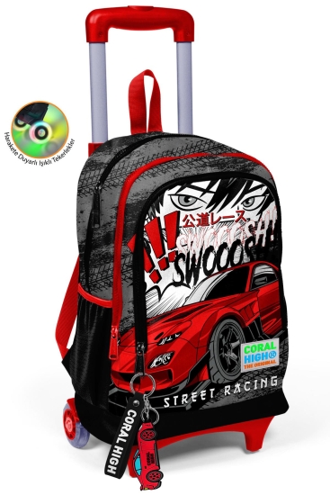 Coral High Kids Siyah Kırmızı Anime Araba Desenli Üç Bölmeli Çekçekli Okul Sırt Çantası 23947 - Coral High KIDS