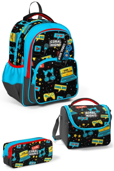 Coral High Kids Siyah Mavi Gamer Desenli 3'lü Okul Çanta Seti SET0123659 - Coral High