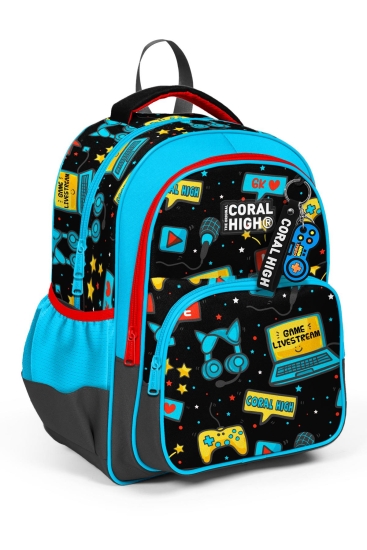 Coral High Kids Siyah Mavi Gamer Desenli Üç Bölmeli Okul Sırt Çantası 23659 - Coral High KIDS