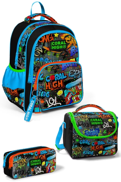 Coral High Kids Siyah Mavi Grafiti Desenli 3'lü Okul Çanta Seti SET0114415 - 1