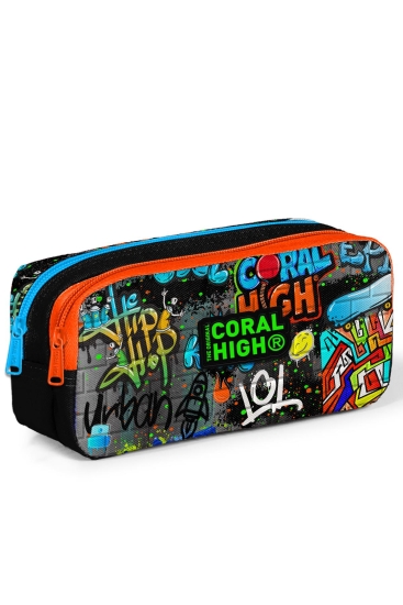 Coral High Kids Siyah Mavi Grafiti Desenli İki Bölmeli Kalem Çantası 22161 