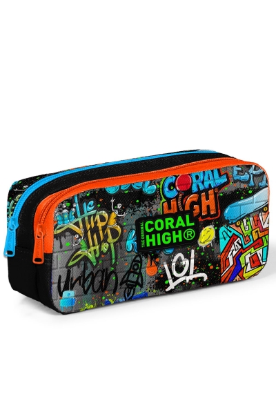 Coral High Kids Siyah Mavi Grafiti Desenli İki Bölmeli Kalem Çantası 22161 - 1
