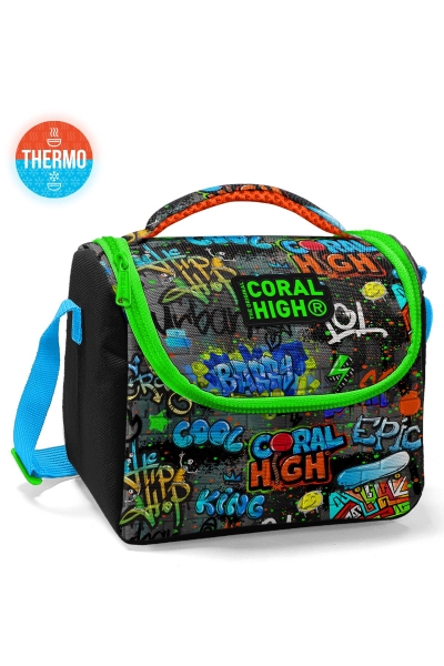 Coral High Kids Siyah Mavi Grafiti Desenli Thermo Beslenme Çantası 11828 - 1