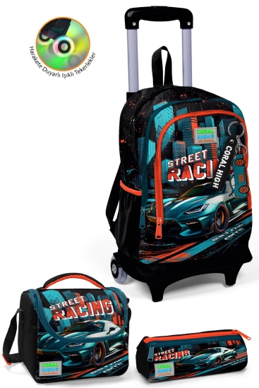 Coral High Kids Siyah Nefti Yarış Arabası Desenli Üç Bölmeli Çekçekli 3'lü Çanta Seti SET0123965 