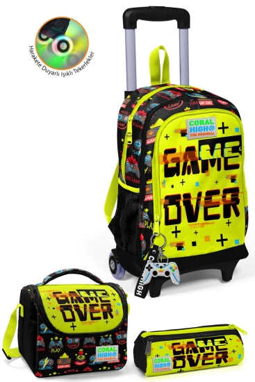 Coral High Kids Siyah Neon Sarı Game Over Desenli Çekçekli 3'lü Çanta Seti SET0123928 - Coral High KIDS