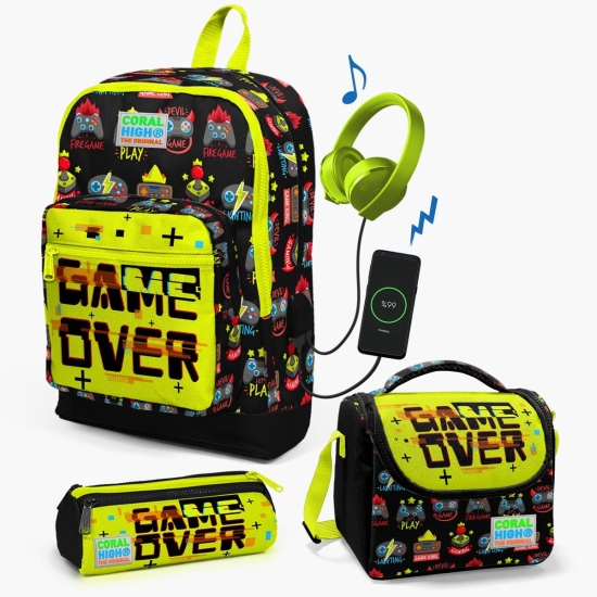 Coral High Kids Siyah Neon Sarı Game Over Desenli USB'li 3’lü Okul Çanta Seti SET0123828 - Coral High KIDS