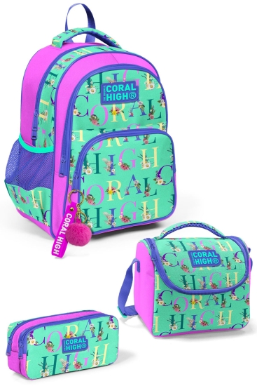 Coral High Kids Su Yeşili Açık Pembe Monogram Desenli 3'lü Okul Çanta Seti SET0114410 - Coral High KIDS