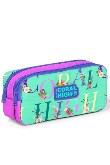 Coral High Kids Su Yeşili Açık Pembe Monogram Desenli İki Bölmeli Kalem Çantası 22156 