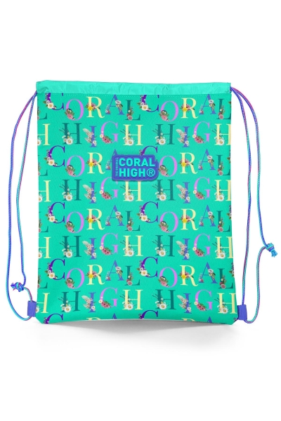 Coral High Kids Su Yeşili Açık Pembe Monogram Desenli İpli Büzgülü Sırt Çantası 22668 - 1